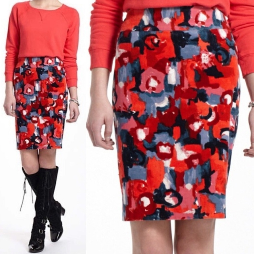 Anthropologie Vanessa Virginia Painterly Floral Corduroy Pencil Skirt,‎ Red - 6